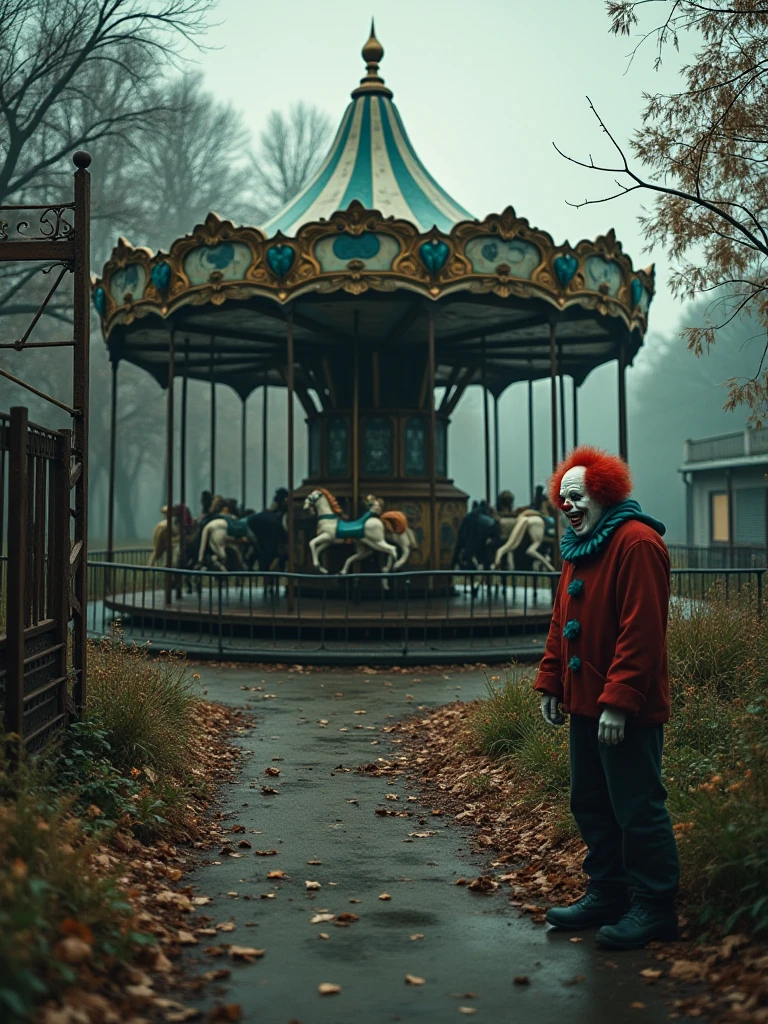 A rundown, abandoned amusement park, with rusting rides and overgrown vegetation. The carousel still spins slowly, its paint peeling and horses frozen in mid-gallop. A sinister clown with a malevolent grin stands by the entrance, his eyes following every movement. In the distance, the faint sound of a âs laughter echoes through the empty park., xplus