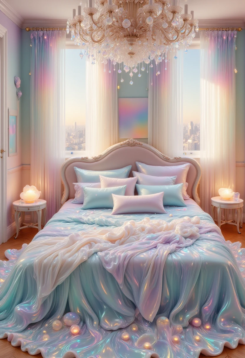 Craft a serene bedroom setting: iridescent jelly bed with (fluffy:1.1) pillows, (soft:1.1) ambient lighting, (peaceful:1.2) color palette, (dreamy:1.1) curtains, (gentle:1.1) breeze through open windows