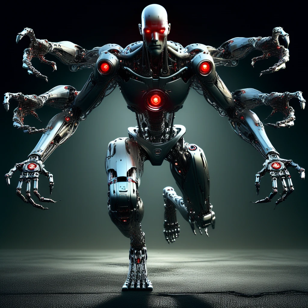 humanoid robot, chrome plated metallic frame, male focus, robot joints, realistic, full body, mechanical parts, solo, no humans, glowing, bald, glowing red eyes, looking directly at viewer, no nose, no mouth, emotionless, extra arms, 6 arms, mechanical arms, 6 hands, mechanical hands, open hands, mechanical fingers, mechanical legs, mechanical feet, barefoot, road, street, cars, dark, dust, nightmarish urban setting, horror (theme)