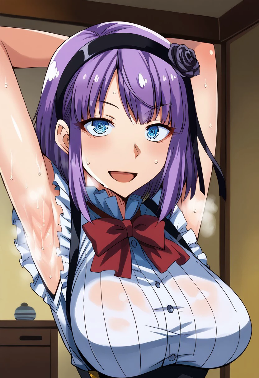 score_9, score_8_up, score_7_up, score_6_up, hotaruXL, an illustration of a girl with purple hair and blue eyes posing , 1girl, shidare hotaru, solo, suspenders, sweaty:1.8, steamy:1.8, large breasts, purple hair, armpits, black rose, hairband, sweat, smile, suspender skirt, open mouth, looking at viewer, short hair, black flower, large breasts, flower, sweaty armpit:1.6, armpit, focus armpits, living room.