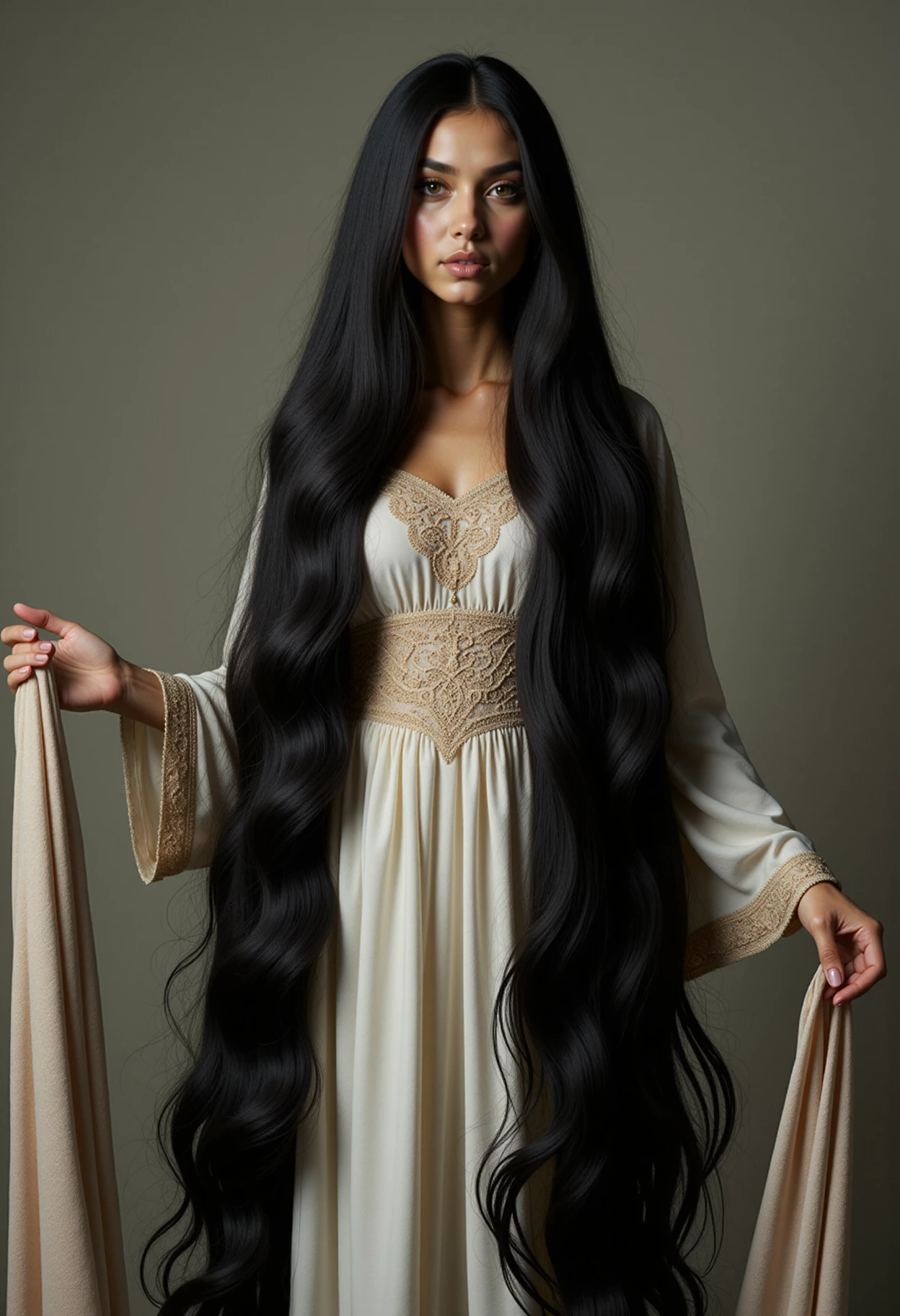 floor length hair, absurdly long hair, holding removed headscarf in the hand of outstretched arm, standing, 20 year old Persian woman, black hair, brown eyes, realistic photograph, masterpiece, 32k, ultra high definition render, <lora:FloorLengthHairFlux:2>