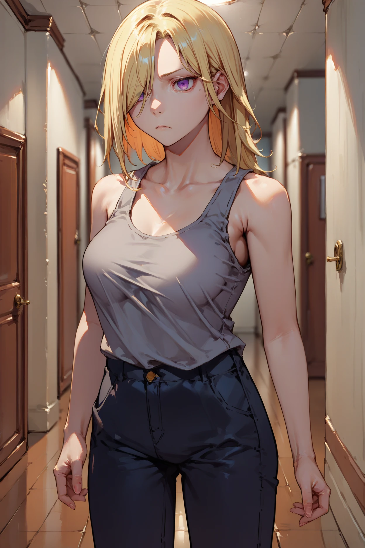 score_9, score_8_up, score_7_up, score_6_up, source_anime, 1girl, solo,  <lora:vorona-pdxl-nvwls-v1-000005:1> vrna, blonde hair, medium hair, hair over one eye, purple eyes, large breasts, grey tank top, black pants, loose clothes, tired, hallway, apartment, night, looking at you