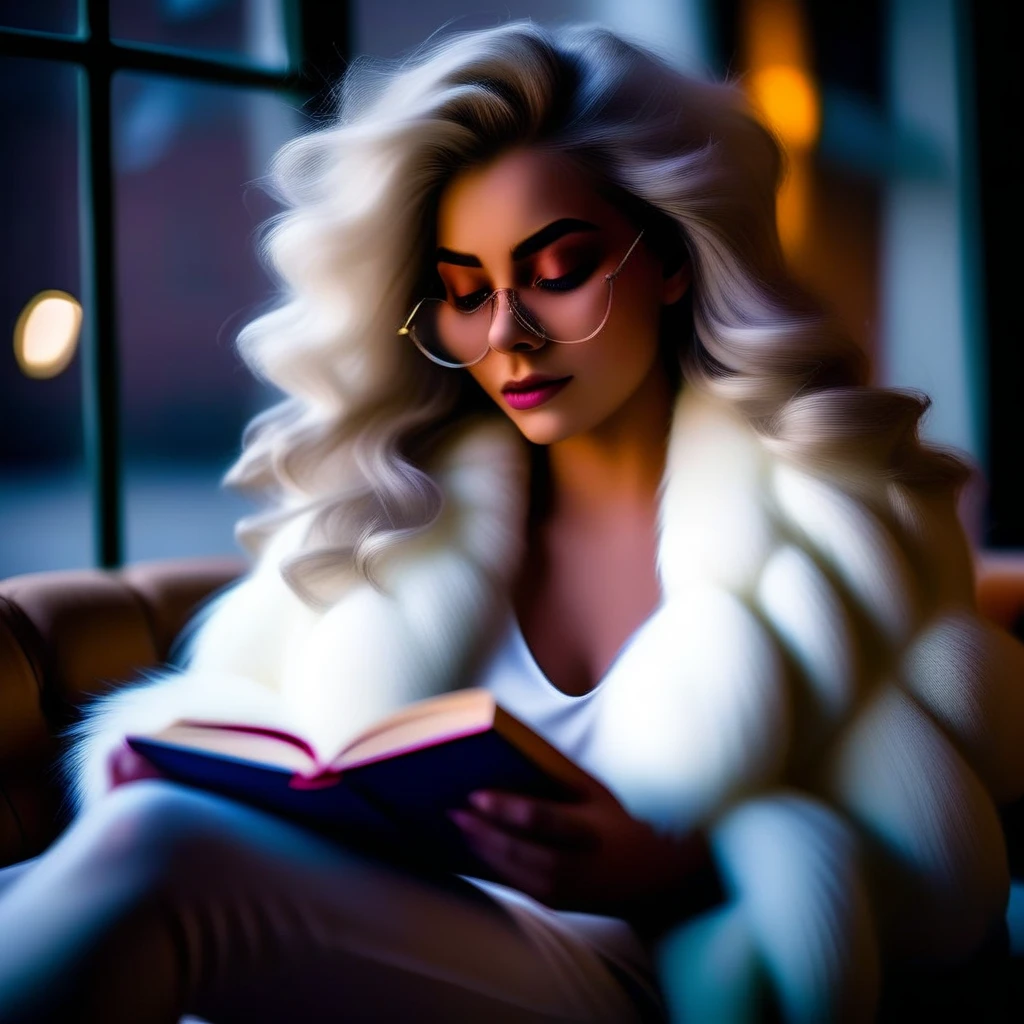 closed eyes, rimless eyewear, glasses, cleavage, window, dark skin, sweater, blonde hair, fur coat, lipstick, crossed legs, blurry background, eyeshadow