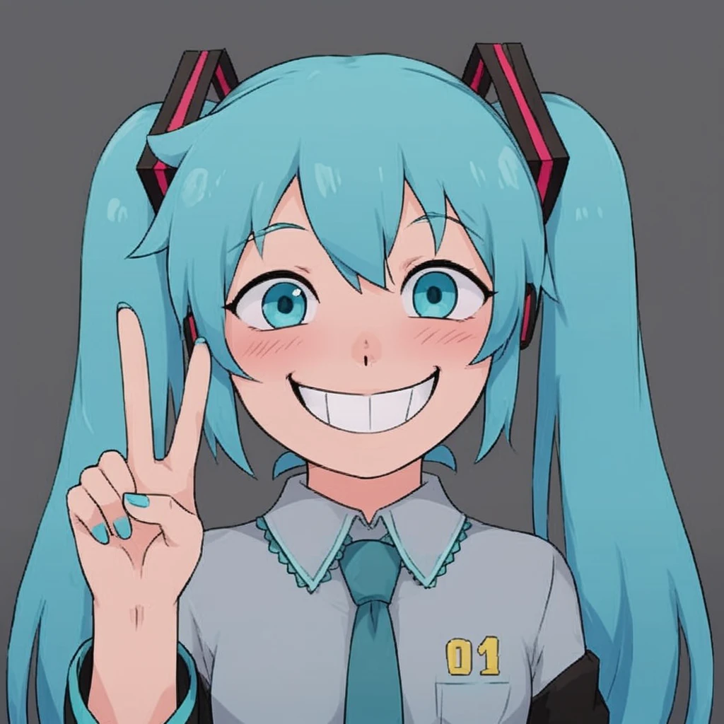 at_lojart, smile, hatsune miku, miku, twintails, blue hair, v, peace sign