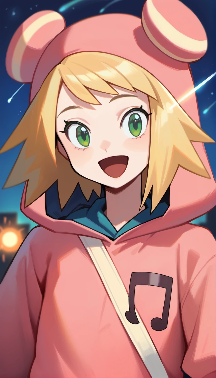 score_9,score_8_up,score_7_up,
<lora:soniastrumm:0.8>,
misorahibiki,
realistic,highres,
1girl,solo,
blonde hair,short hair,
green eyes,looking at viewer,open smile,
bear ears hooded hat,pink sweatshirt,a musical note printed on the hoodie,
portrait,
blurry background,
outdoors,night,starry background,shooting star,starry night,bloom,light particles,lens flare,cloud,lens flare abuse,cityscape,aurora,meteor shower,