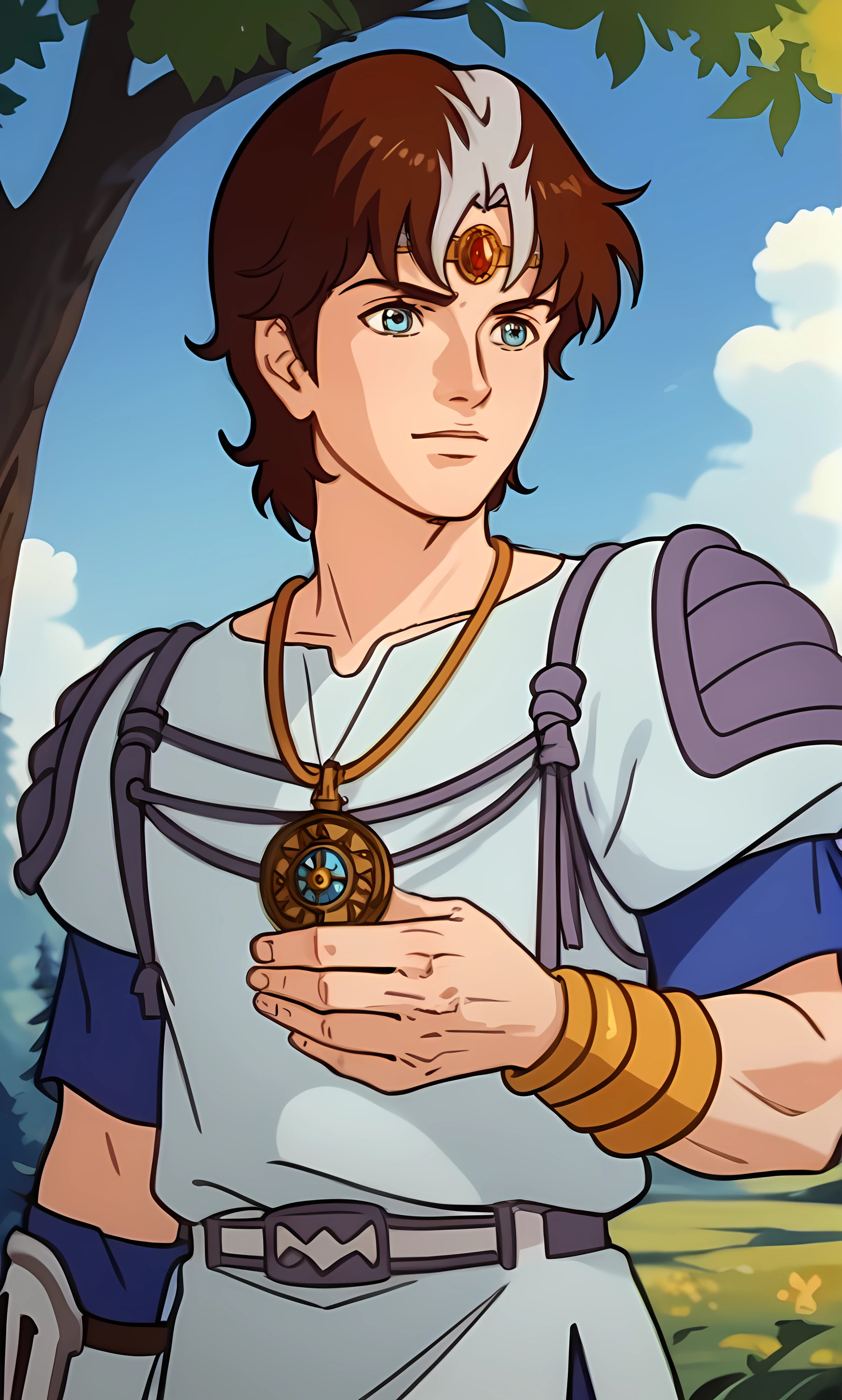 J4yc3e, score_8_up, score_7_up, source_anime, rating_questionable,  <lora:Jayce_and_The_Wheeled_Warriors_-_1985_-_Pony:0.8>  jayce, male, brown hair with grey stripe, light blue shirt, fantasy armour, outside, sunny day, holding up an amulet