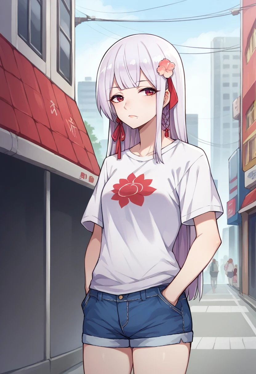 score_9, score_8_up, source_anime, 1girl, solo, FunadaUi, mole under mouth, white hair, long hair, blunt bangs, side braid, red hair ribbon, hair flower, t-shirt, denim shorts, standing, outdoors, city, hands in pockets, <lora:ChamFunadaUiPonyXL:1>