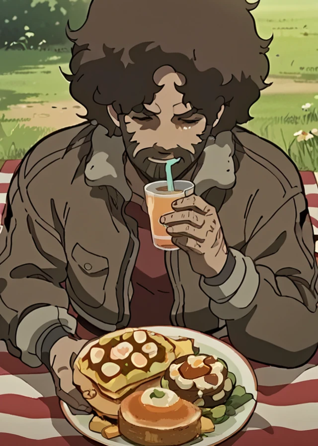 score_9, score_8_up, score_7_up, score_6_up, score_5_up,   megalobox, gearlessjoe, ai01814
picnic, blanket spread, food and drinks, outdoor setting at dusk,
solo, 
cropped torso, brown hair, bomber jacket, beard
 <lora:Megalobox_ã¡ã¬ã­ãã¯ã¹_Megarobokusu_-_YÅ_Moriyama:1>  <lora:Gearless_Joe_-_PonyXL:1>