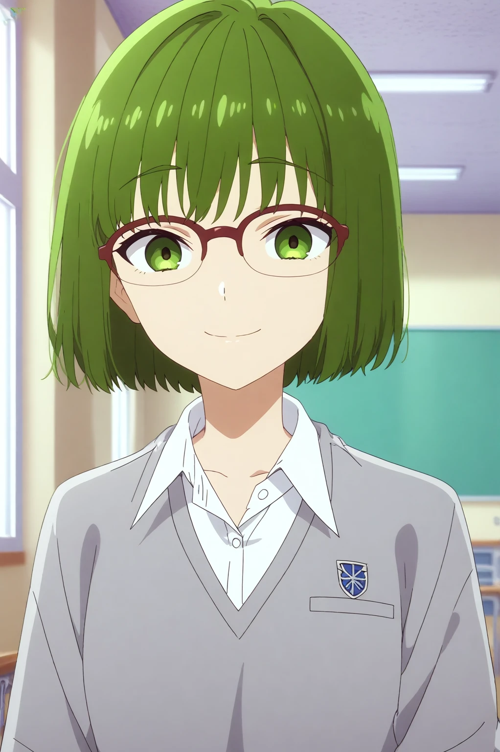 sakura kouno,anime screencap,1girl,solo,glasses,short hair,over-rim eyewear,bob cut, school uniform,smile,indoors,shirt,school uniform <lora:Sakura_Kouno - PDXL2.safetensors:0.8>