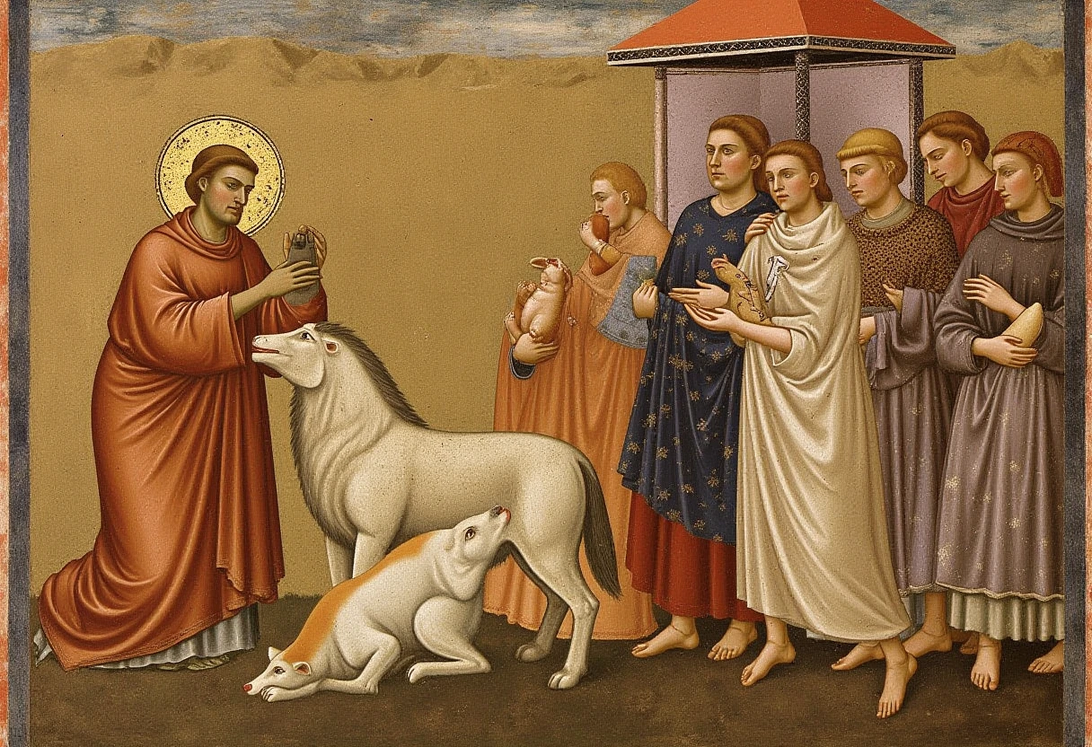 A medieval painting in the style of Giotto about saint Francis with animals