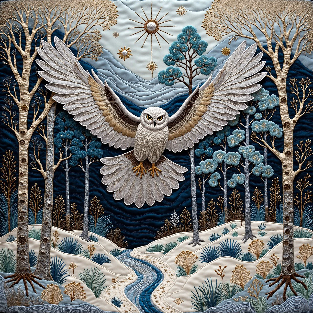 silver owl flying with spread wings in a snowy forest <lora:Embroidered_Quilting_Flux:1>