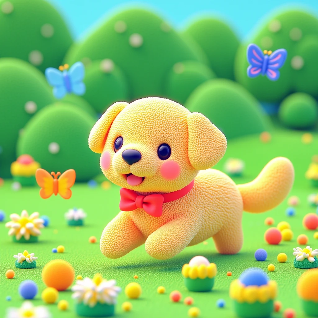 Juaner_cute,
A playful golden retriever puppy, with a red bowtie around its neck, chasing after a trail of butterflies in a lush meadow.