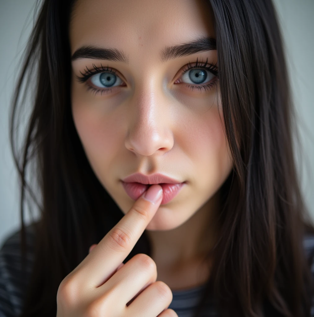 a young woman is holding her finger to her lips, 1girl, looking at viewer, blue eyes, black hair, solo focus, blurry, lips, eyelashes, blurry background, close-up, realistic
