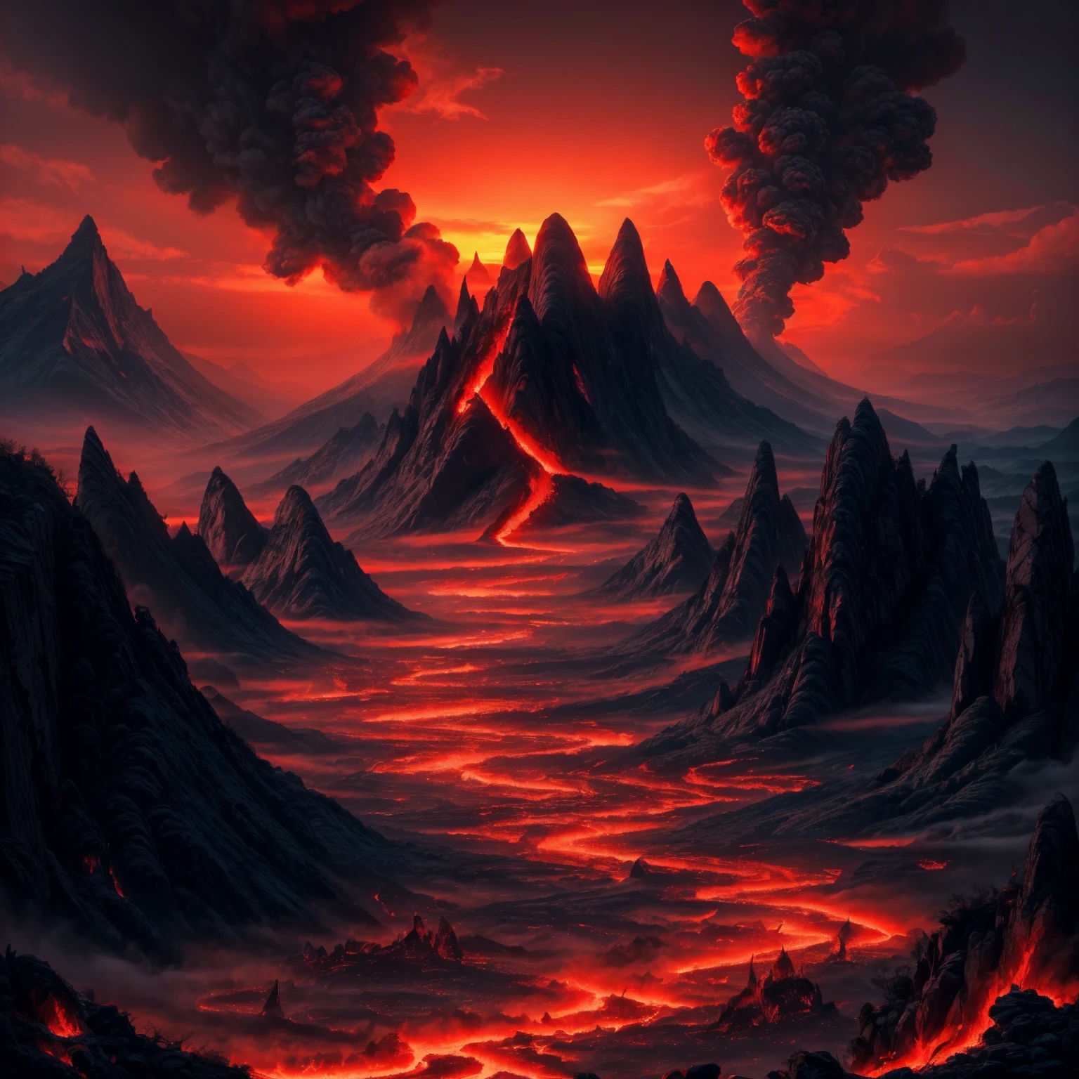 Role-playing game (RPG) style fantasy cityscape, black craggy mountains, red theme, setting sun, cloudy sky, <lora:firelap:0.8>, elementalplanefire, <lora:more_details:0.6>, high quality, highres, masterpiece, best quality, 8k, intricate, detailed, <lora:add_detail:0.6>, very detailed . Detailed, vibrant, immersive, reminiscent of high fantasy RPG games