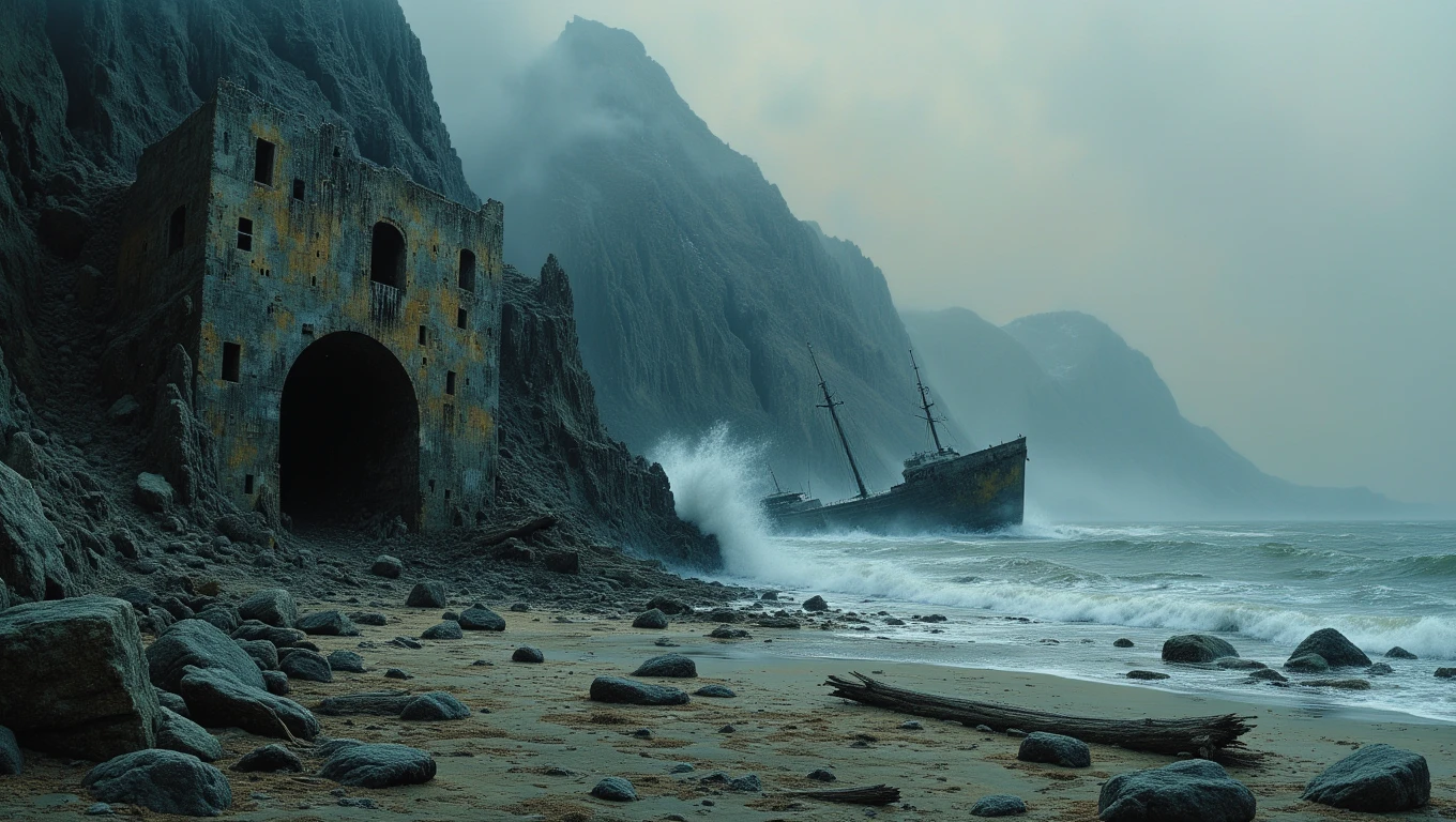 A rocky coastline where the land meets a cold, gray sea. The waves crash violently against the sharp rocks, sending sprays of icy water into the air. The sky is overcast, and the wind is harsh and biting. The beach is littered with the remains of shipwrecks, their broken timbers slowly being consumed by the sea
<lora:Dark_Landscapes:0.8>