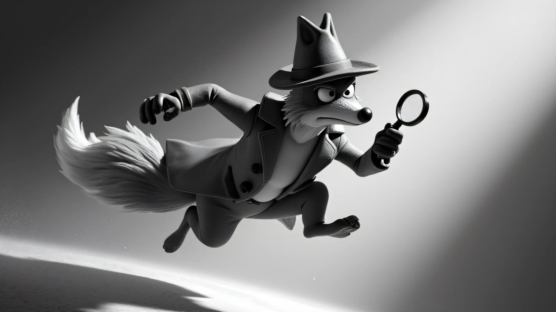 claymation, A cartoon fox, depicted in a dynamic noir scene, leaps through the air with its trench coat billowing behind it. The fedora on its head tilts forward, partially obscuring one eye as it narrows in concentration. In one paw, the fox grips a magnifying glass, while the other reaches out as if to catch something or someone just ahead. The entire image is in black and white, with sharp contrasts between the dark shadows and the lighter tones, emphasizing the tension and movement. The background features a gradient that fades softly in the center, combined with a subtle paper texture, adding depth to the dramatic, high-stakes atmosphere. The fox's expression is intense, capturing the urgency and thrill of the chase in this classic noir style.