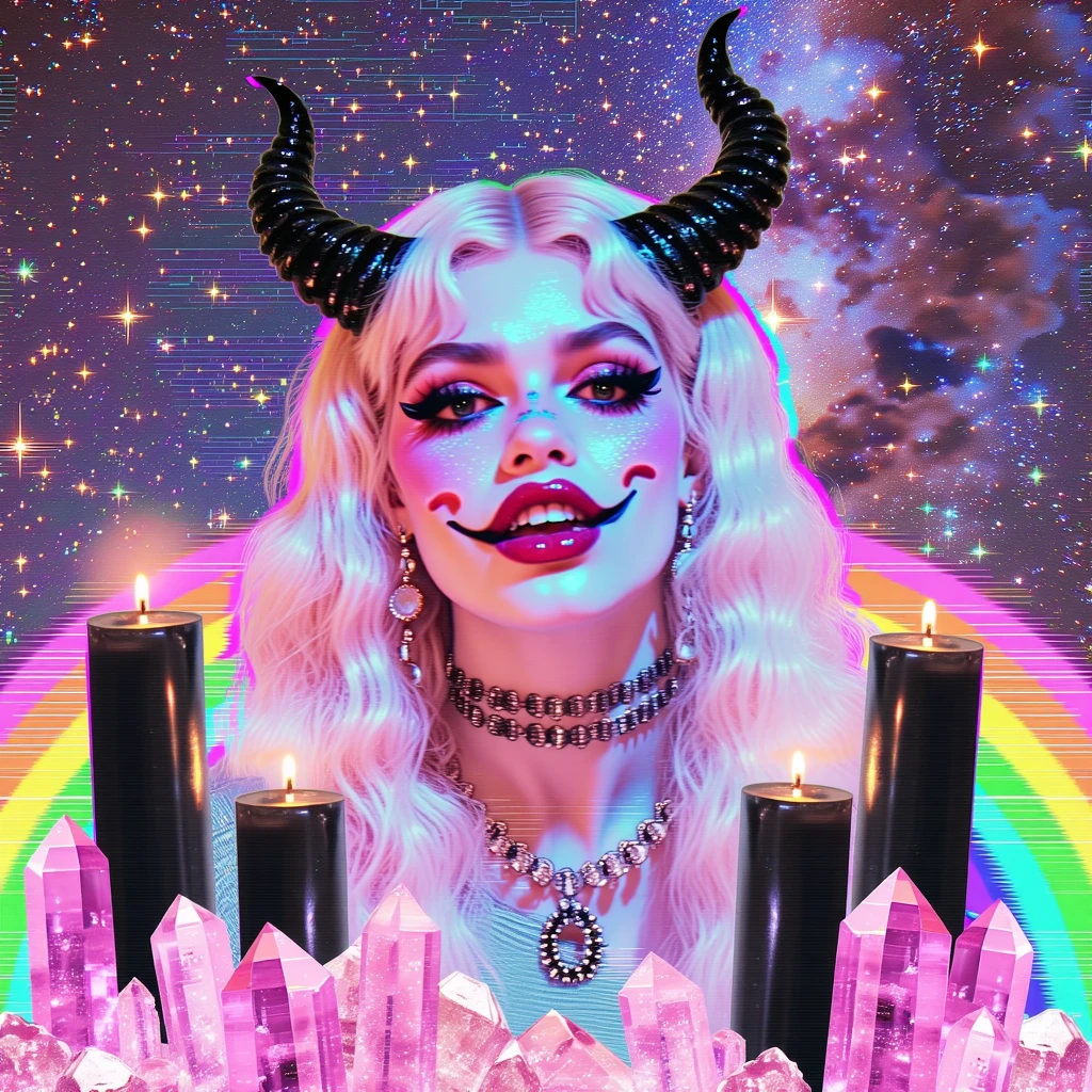 xdlx style symmetrical aesthetic digital photo, occult style goddess with mischievous expression and pink halo, black candles and pink crystals, digital collage, beautiful night sky with a lot of stars, abstract composition, vaporwave aesthetic, glitched data mosh chromatic gradient