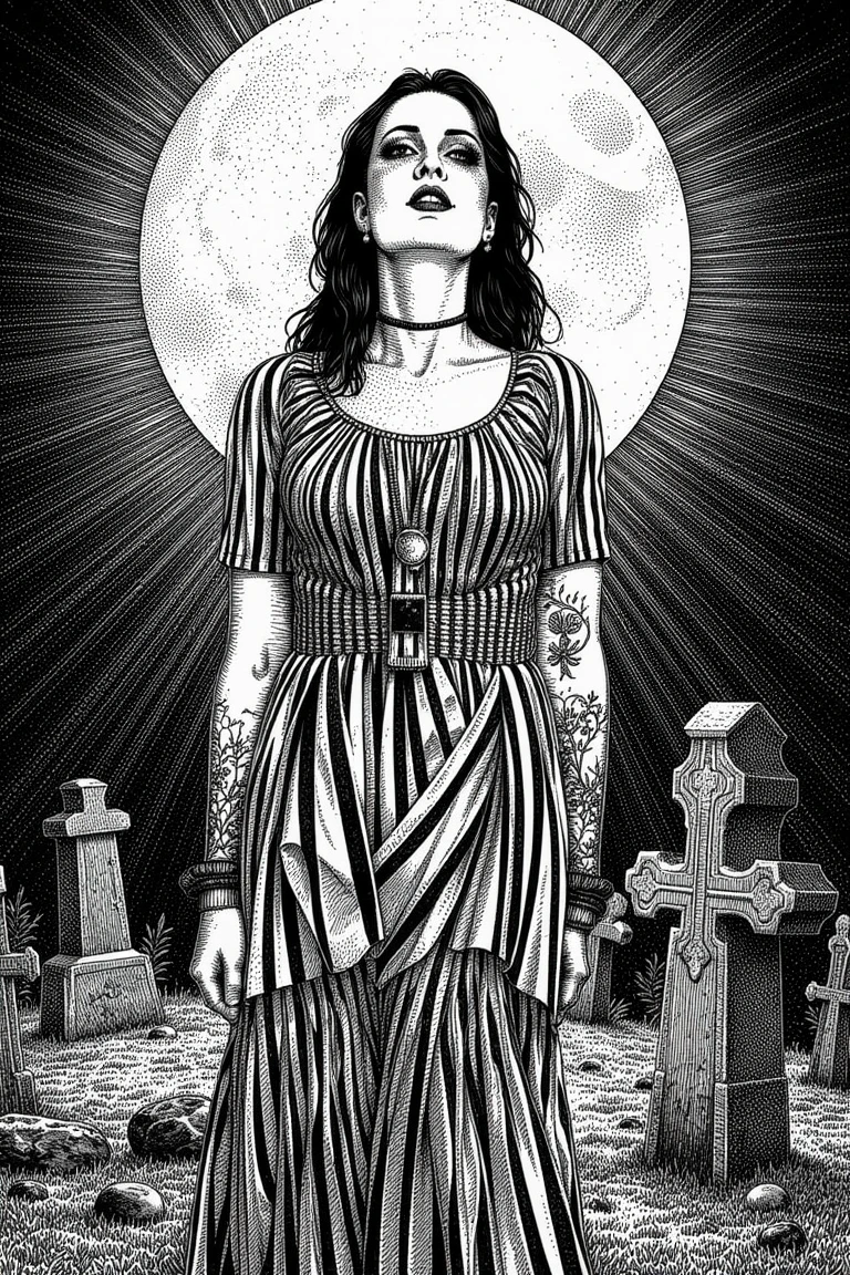 (Black and white doodle style cartoon) Holy Death, goddess of death, mexican skull face, deep eyes, two worlds, long robe, dark wavy hair, scene with several skulls and ox skulls, cacto, pinks, Female empowerment, Holy, ride, be careful with your hand, high qualiy, detaileds, dark, Pernambuco, North East