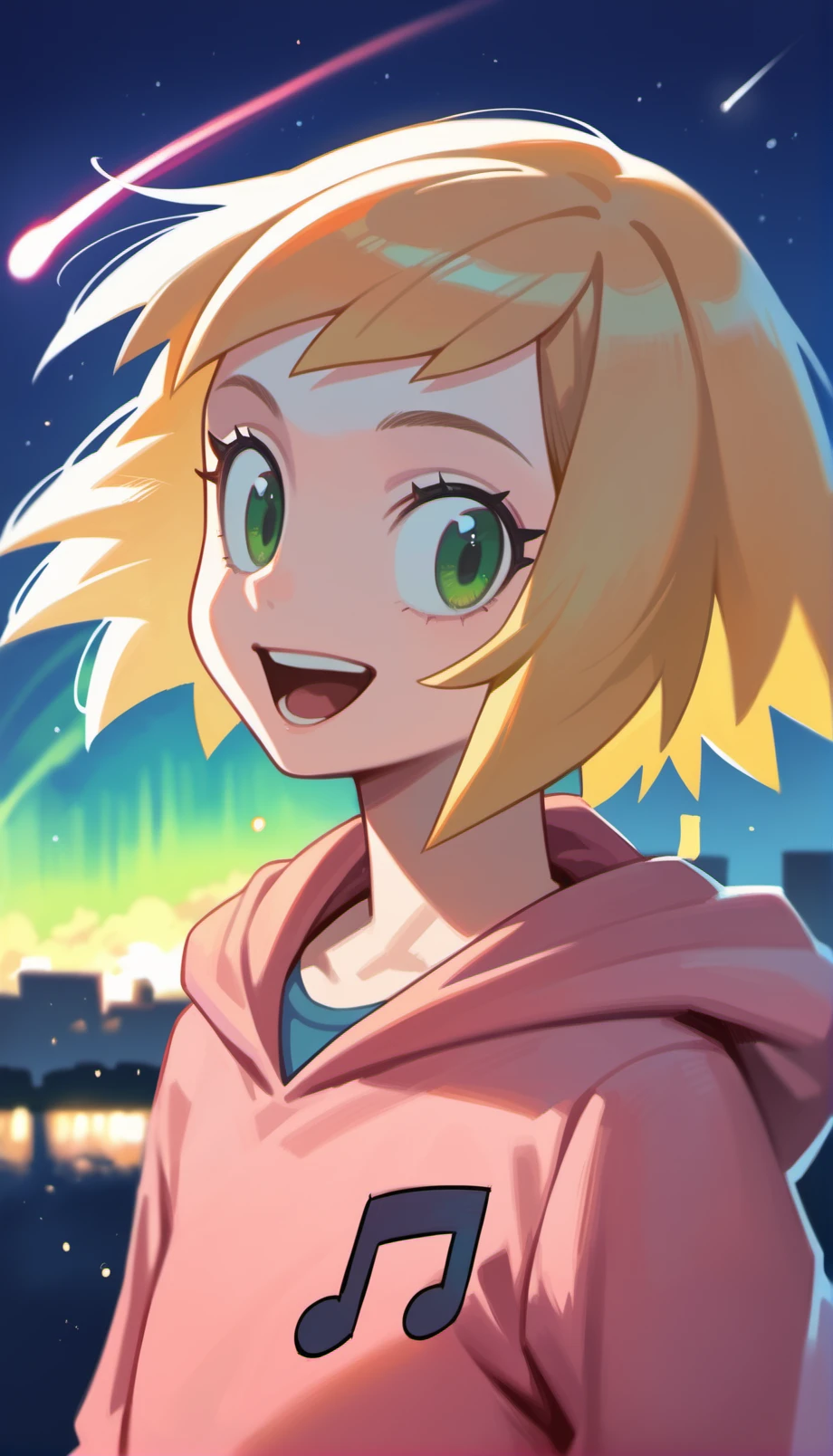 score_9,score_8_up,score_7_up,
<lora:soniastrumm:0.8>,
misorahibiki,
realistic,highres,
1girl,solo,
blonde hair,short hair,
green eyes,looking at viewer,open smile,
pink sweatshirt,a musical note printed on the hoodie,
portrait,
blurry background,
outdoors,night,starry background,shooting star,starry night,bloom,light particles,lens flare,cloud,lens flare abuse,cityscape,aurora,meteor shower,