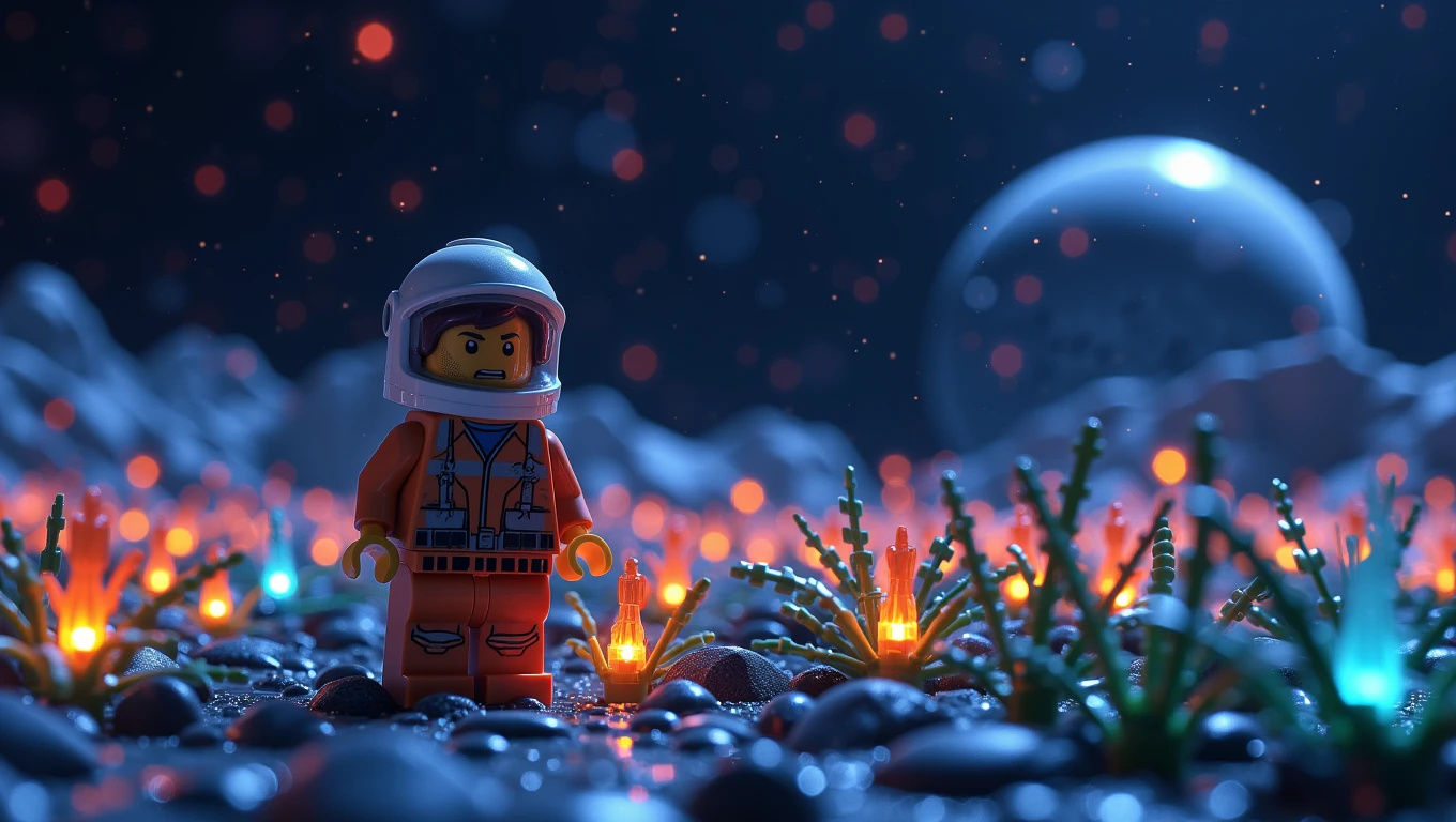 Lego. A space farmer, in a simple but futuristic outfit, tends to a field of bioluminescent crops on a distant, habitable moon. The crops glow with vibrant colors, illuminating the surrounding area as the farmer carefully harvests them. The sky is filled with distant stars and a nearby gas giant planet. The style is peaceful and pastoral, with a focus on the harmony between the farmer and the alien landscape   <lora:Cinematic_Lego:0.6>