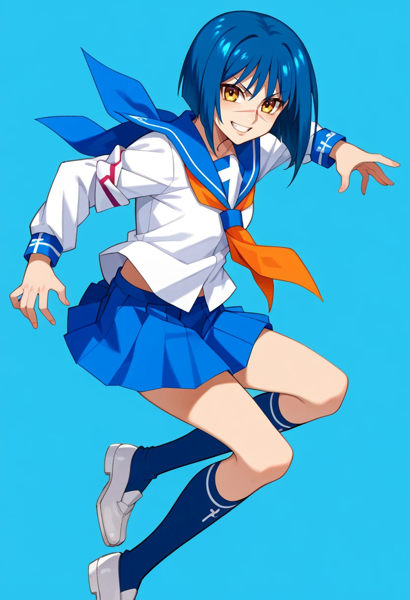 <lora:Tokiko:1> AETokiko, yellow eyes, blue hair, bob cut, short hair, scar on nose, school uniform, serafuku, neckerchief, armband, long sleeves, blue skirt, pleated skirt, blue socks, kneehighs, White shoes, dynamic pose, multicolored background, light smile,, score_9, score_8_up, score_7_up, source_anime,