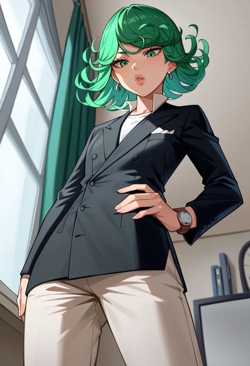 score_9, score_8_up, score_7_up, source_anime, hi res, masterpiece, best quality, highres, double-breasted suits, 1girl, solo, green hair, formal, jewelry, suit, necktie, earrings, pants, jacket, shirt, standing, hand in pocket, short hair, window, green eyes, watch, black jacket, wristwatch, white shirt, lips, tatsumaki, from below