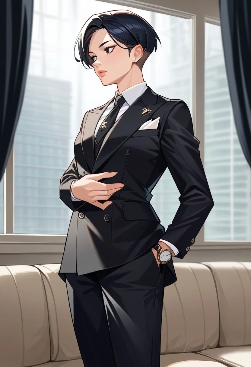 score_9, score_8_up, score_7_up, source_anime, hi res, masterpiece, best quality, highres, double-breasted suits, 1girl, solo, black hair, formal, jewelry, suit, necktie, earrings, pants, jacket, shirt, standing, hand in pocket, short hair, window, black eyes, watch, black jacket, wristwatch, white shirt, lips