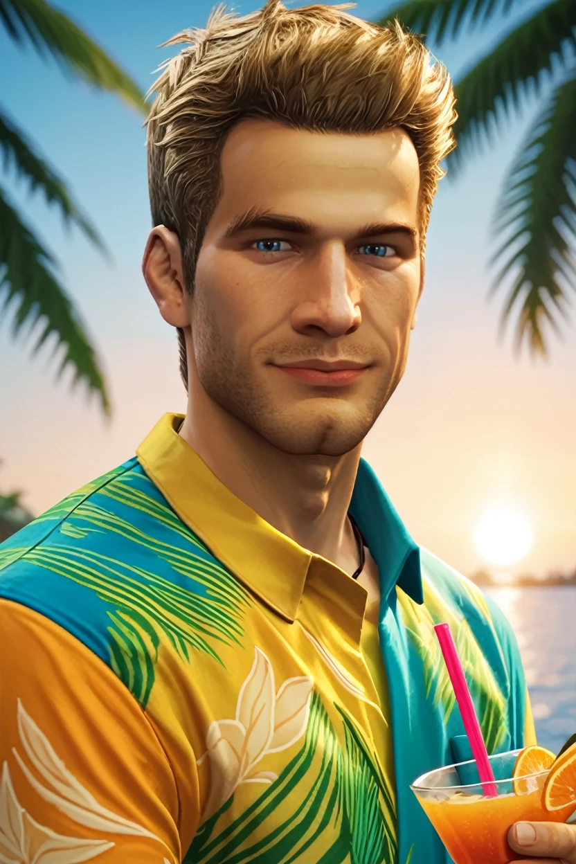 score_9, score_8_up, score_7_up
<lora:DR2Chuck:1.0>
DR2Chuck, 1boy, blonde hair, blue eyes, looking at viewer, male model wearing a Hawaiian shirt, smiling, holding a coconut drink, vibrant sunset, palm trees swaying in the breeze, tropical vibes