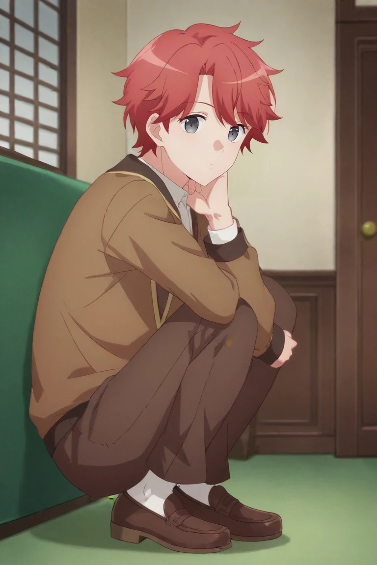score_9, score_8_up, score_7_up, source_anime, rating_safe, , (realistic:0.6), looking at viewer, depth of field, 1boy, solo, male focus, <lora:sirius_dieke_pony:0.82>, sirius_dieke, red hair, grey eyes, short hair, from afar, full body, school, indoors, dark, slouching, distracted, aloof, oblivious, teddy bear costume, <lora:sdxl_lightning_8step_lora:1>