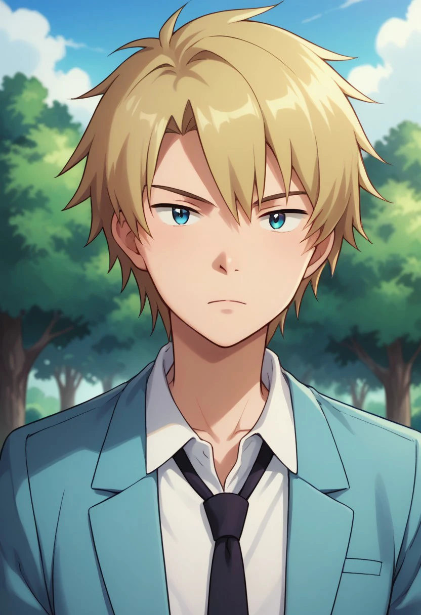 score_9, score_8_up, score_7_up, source_anime, highly detailed, 
yamatri, 1boy, male focus, school uniform, solo, necktie, blonde hair, tree, day, sky, jacket, blazer, blue jacket,
shirt, white shirt,  collared shirt, upper body,