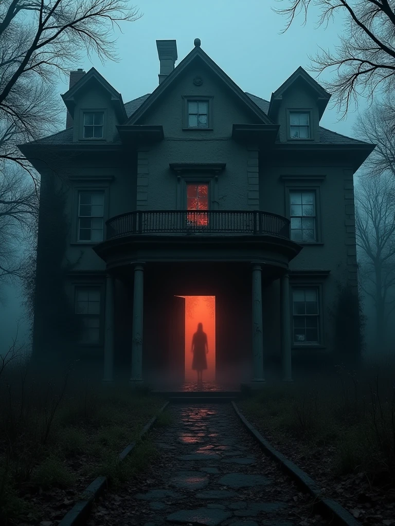 An abandoned, decrepit mansion at the edge of a dark forest, with shattered windows and vines creeping up its walls. The front door is slightly ajar, and a faint, eerie light glows from within. A shadowy figure, barely visible, stands in the doorway, its eyes glowing a haunting red in the darkness. The atmosphere is thick with fog, and a sense of dread fills the air., xplus