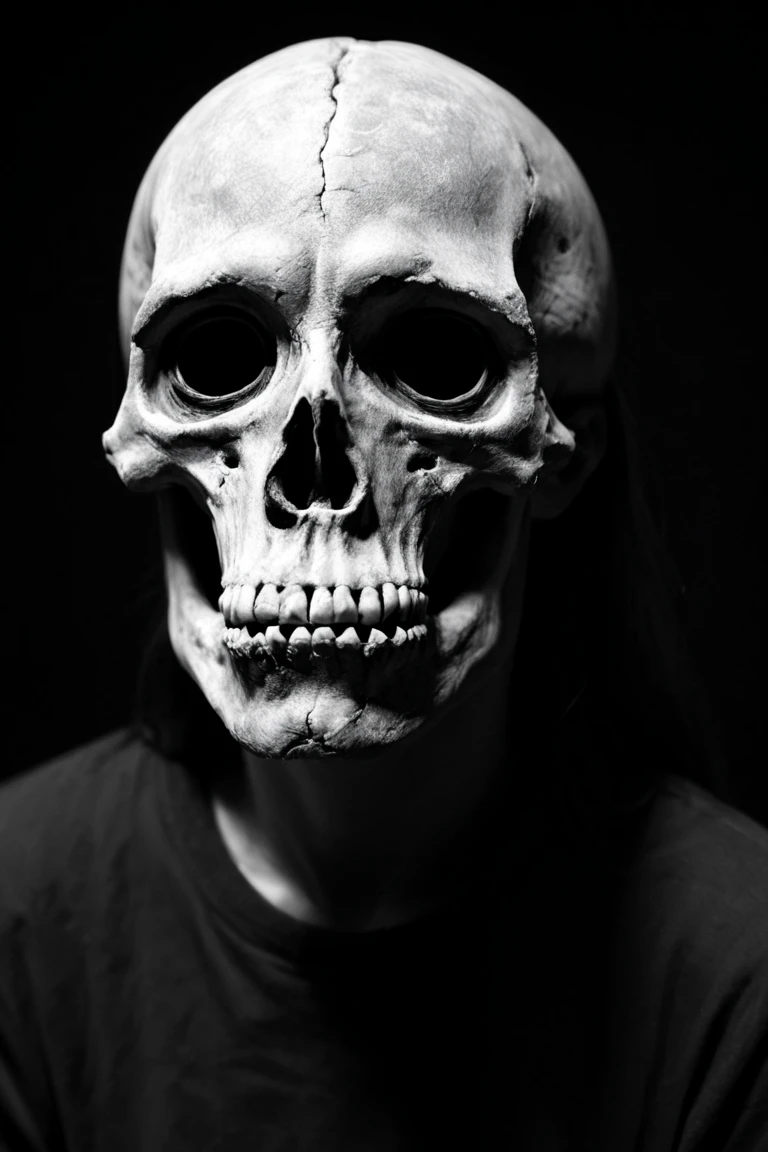 skull, solo, monochrome, horror (theme), dark, no humans, greyscale, black background
