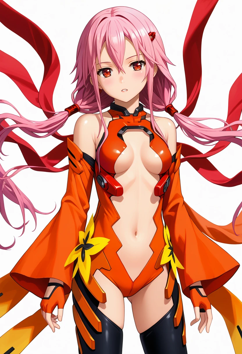 score_7_up, anime screencap,
<lora:GuiltyCrown_YuzurihaInoriXL:0.9>,
1girl, parted lips, head tilt,
long hair, pink hair, low twintails, hair between eyes, red eyes, hair ornament, hairclip,
InoriPlugsuit, plugsuit, bare shoulders, multicolored bodysuit, orange bodysuit, red bodysuit, center opening, cleavage, medium breasts, navel, detached sleeves, fingerless gloves, black thighhighs,
standing, looking at viewer,
white background