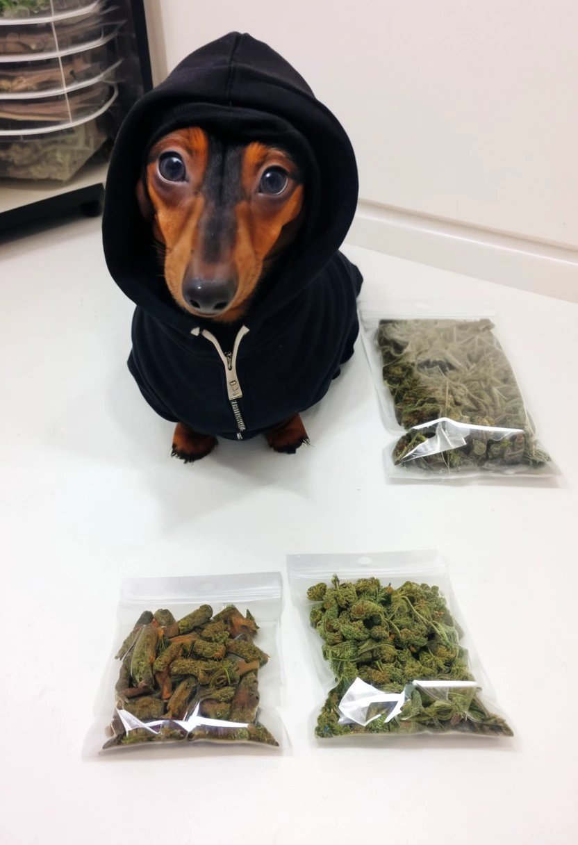 yunadog, dog, hoodie, dachshund, dealer, ziplock bags, weed, (marijuana plants:0.9), microgram scales, rolling papers, cool, cute, 
 <lora:Yuna_dog:0.7>