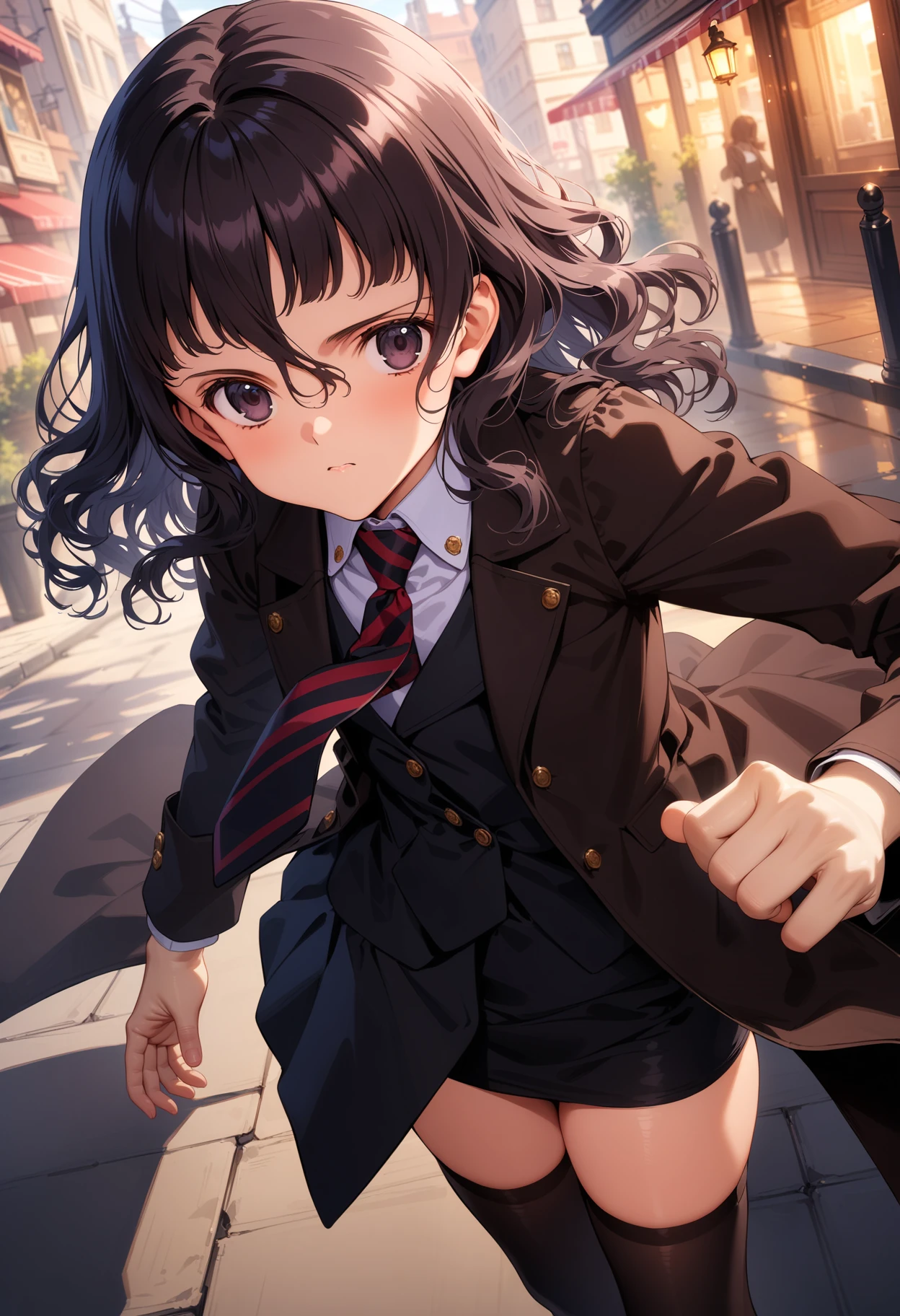 masterpiece,best quality,very aesthetic,absurdres,intricate details,1girl,
<lora:thouka_v1:1>,thouka,black eyes,hair between eyes,necktie,blouse,pencil_skirt,black_thighhighs,loafers,
<lora:Fixhands_anime_bdsqlsz_V1:1>,light_blush,cinematic_angle,looking_at_viewer,city,fighting_stance,, masterpiece,best quality, very aesthetic, absurdres, ultra detailed, high resolution, 4k, extremely detailed CG,