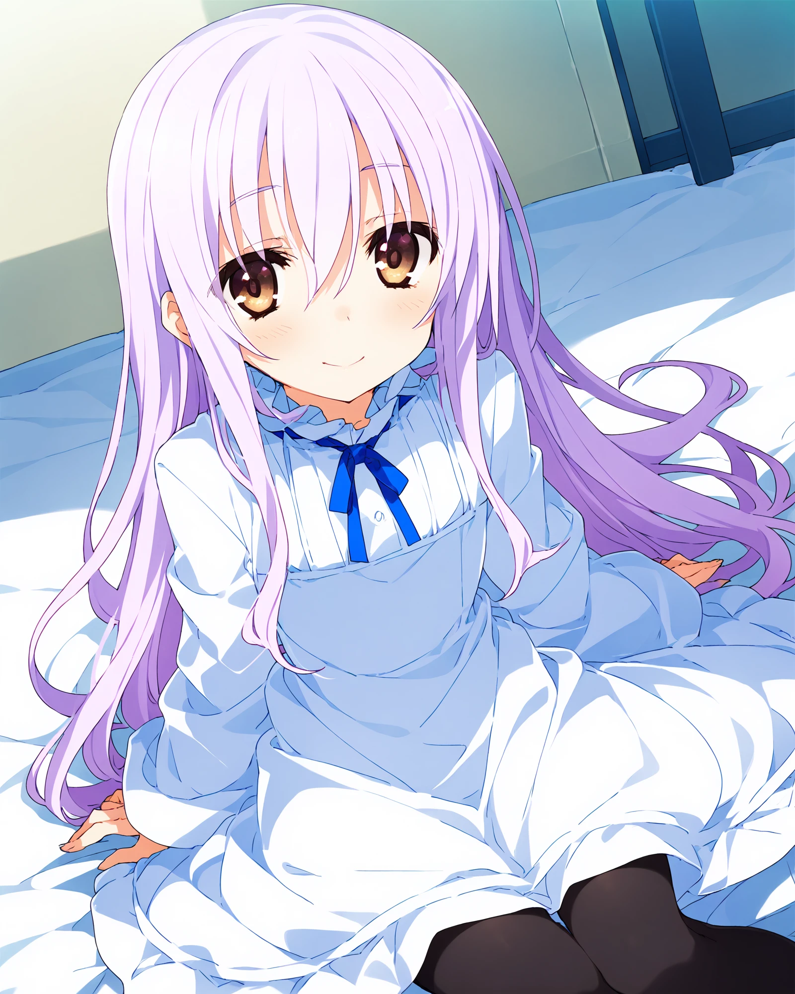 score_9,score_8_up,score_7_up,by mika pikazo,by ogipote,anime,dutch angle,full body,mayuki,sitting,solo,1girl,lilac_hair,very_long_hair,brown eyes,looking_at_viewer,blush,smile,white_dress,black pantyhose,<lora:MayukiXL_V2:0.9>,