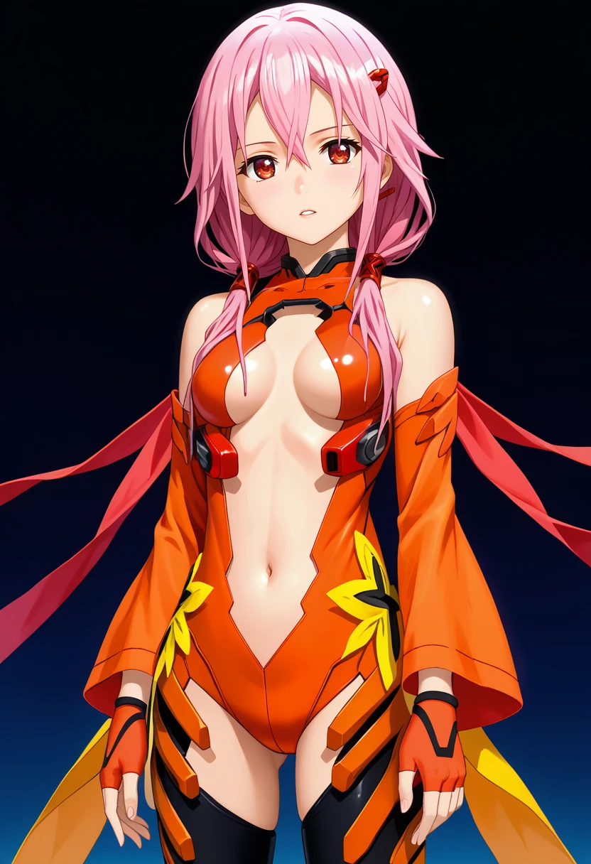 score_7_up, anime screencap,
<lora:GuiltyCrown_YuzurihaInoriXL:0.9>,
1girl, parted lips, head tilt,
long hair, pink hair, low twintails, hair between eyes, red eyes, hair ornament, hairclip,
InoriPlugsuit, plugsuit, bare shoulders, multicolored bodysuit, orange bodysuit, red bodysuit, center opening, cleavage, medium breasts, navel, detached sleeves, fingerless gloves, black thighhighs,
standing, looking at viewer,
white background