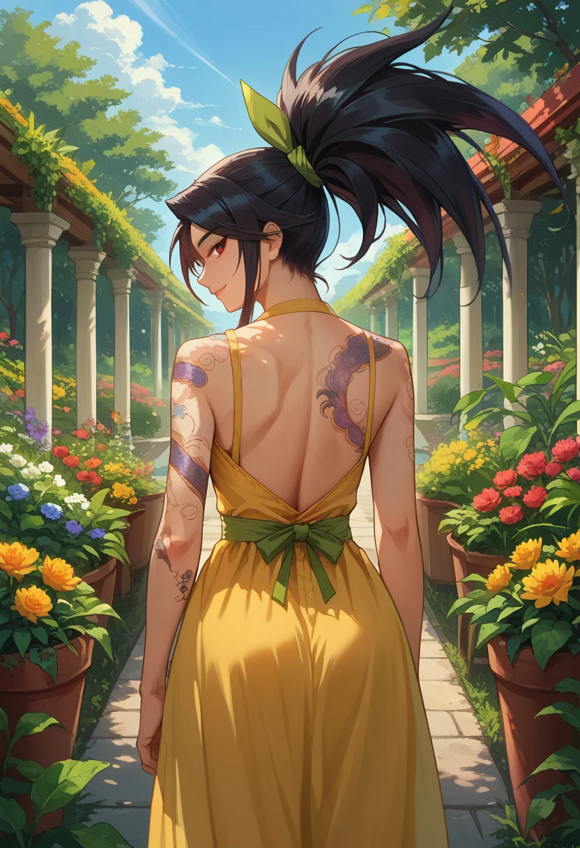 score_9, score_8_up, source_anime, 1girl, solo, AkaliLeague, red eyes, black hair, long hair, high ponytail, tattoo, green ribbon, hair ribbon, from behind, yellow sundress, garden, day, sunshine, smile, looking back, <lora:ChamAkaliPonyXL:1>