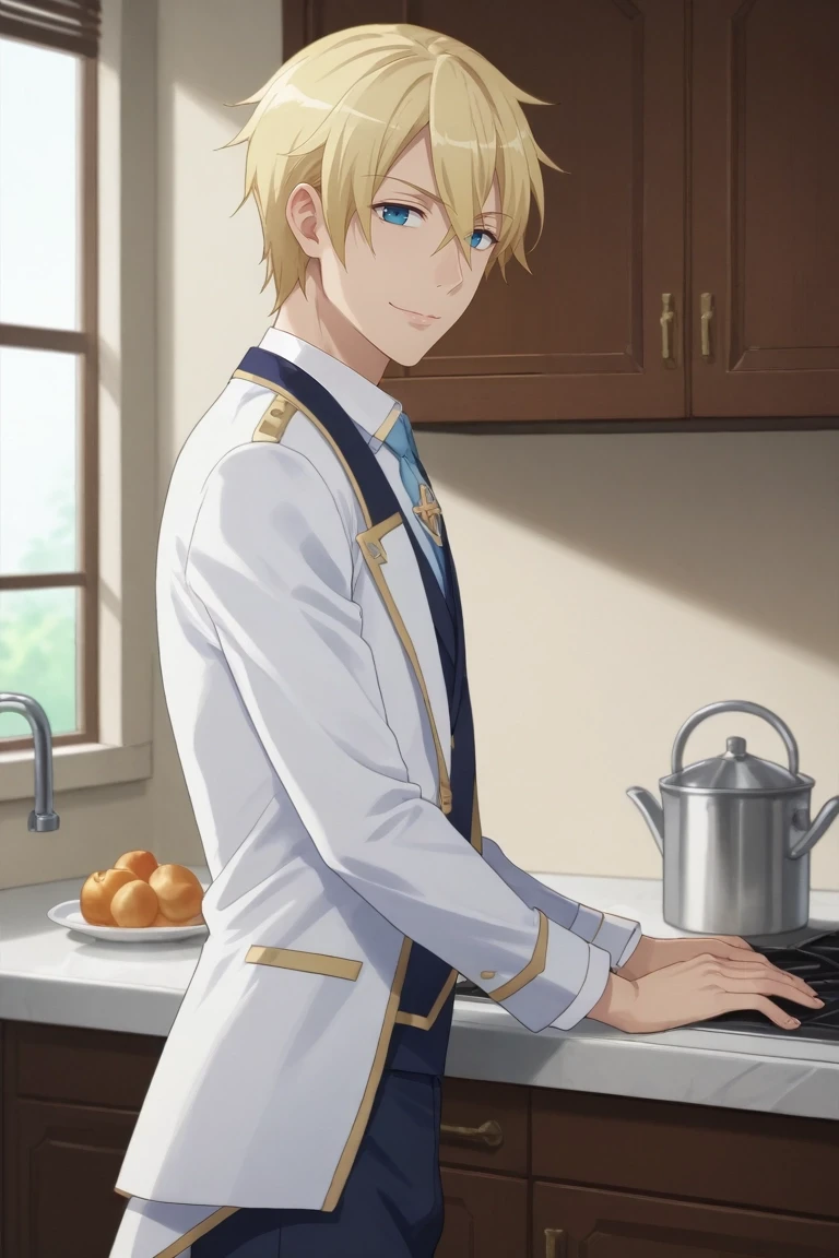 score_9, score_8_up, score_7_up, source_anime, rating_safe, intricate details, (photorealistic:0.6), looking at viewer, , 1boy, solo, male focus, <lora:geordo_stuart_pony:0.88>, geordo_stuart, blonde hair, blue eyes, short hair, hair between eyes, bangs, from side, kitchen, dusk, dancing, naughty smile, , <lora:sdxl_lightning_8step_lora:1>