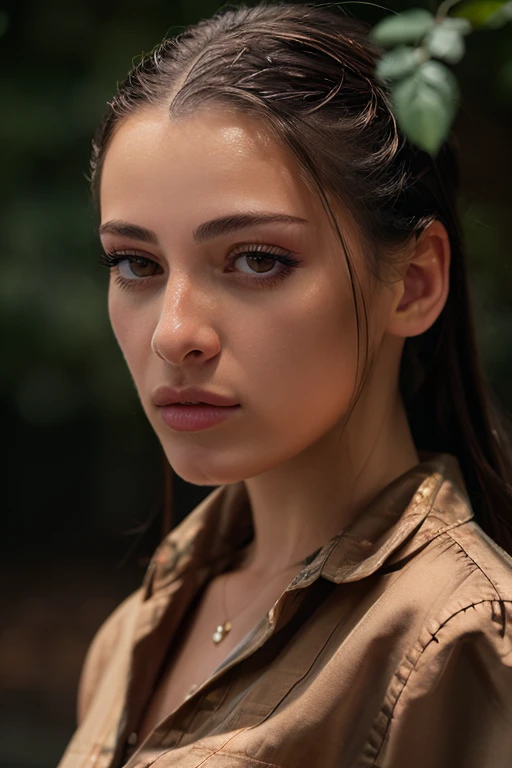 breathtaking close-up headshot of  <lora:AimeeCavaliereV2:1>, a breathtaking fashion hoto of a beautiful woman, brown hair, long hair, brown eyes, outdoors in a lush (garden:1.1), (4k, RAW photo, best quality, 50mm prime lens, depth of field, ultra high res:1.1),(intricate, photorealistic, cinematic-shot, masterpiece, ultra-detailed:1.1), epiCRealism, looking at viewer, in style of Greg Rutkowski:1.3, wearing a boyfriend shirt:1,  dutch angle . award-winning, professional, highly detailed