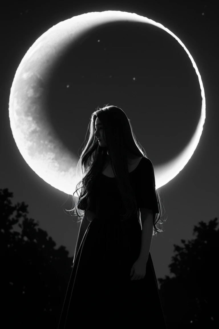 solo, silhouette, moon, 1girl, long hair, night, dark, monochrome, crescent moon, dress