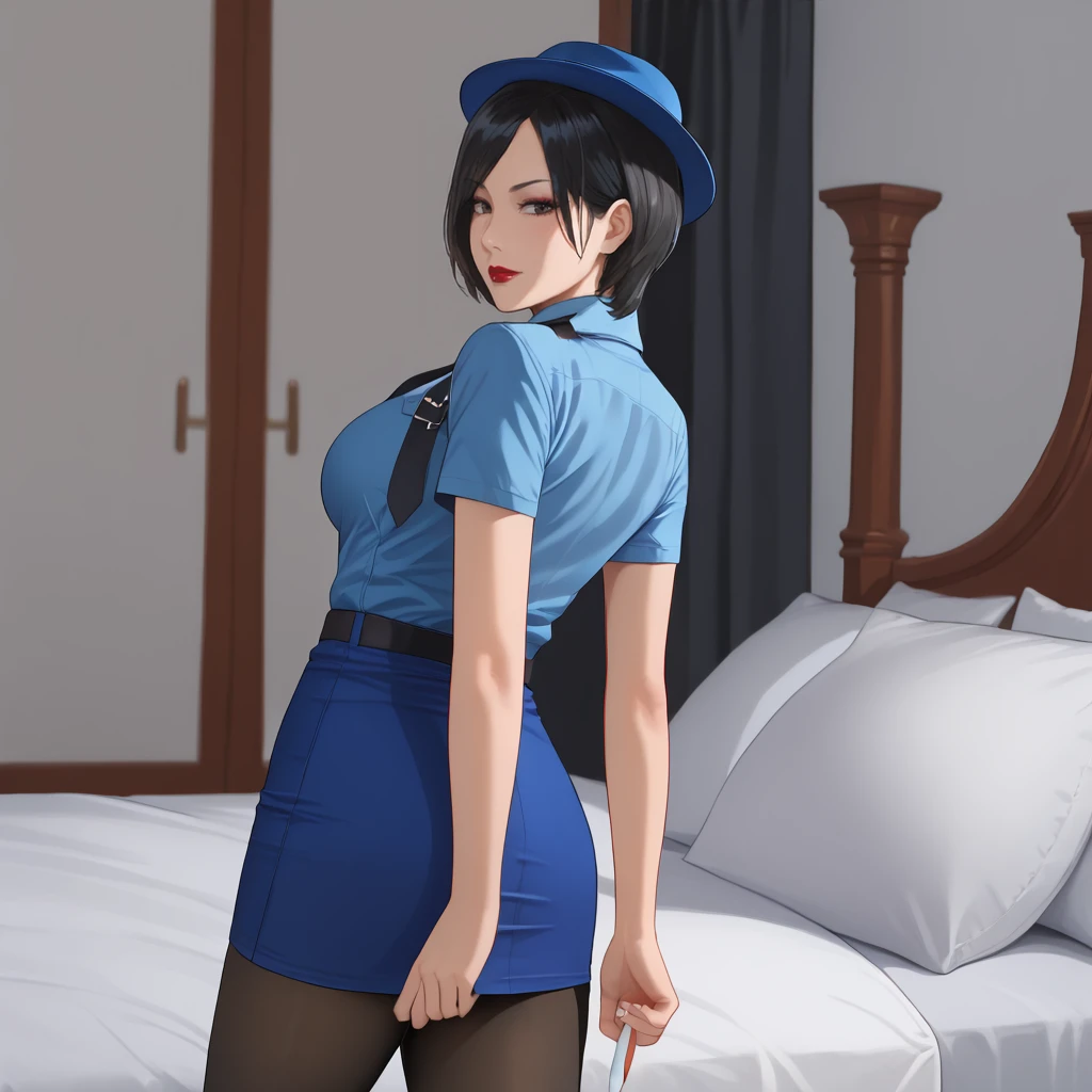 <lora:adawongresidentevil4remake_pony_v1:1>AdaResidentEvil4Remake, 1girl,  large breasts, short hair, black hair, cowboy shot, lipstick,eyeshadow, cowboy shot,  <lora:0820 tokisaki kurumi policewoman fan costume_v1_pony:1> ruanyi0820,black necktie,blue hat,blue shirt,blue skirt,black pantyhose,short sleeves,pencil skirt