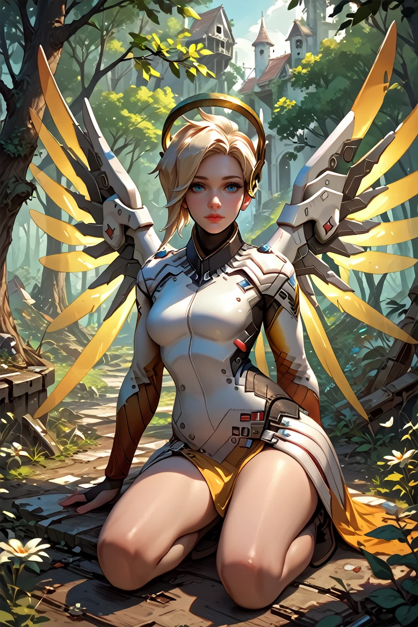 score_9, score_8_up, score_7_up
<lora:OMercy:1.0>
OMercy, 1girl, blonde hair, blue eyes, mechanical halo, mechanical wings, looking at viewer, Abandoned village in the forest, overgrown and haunting, on one knee