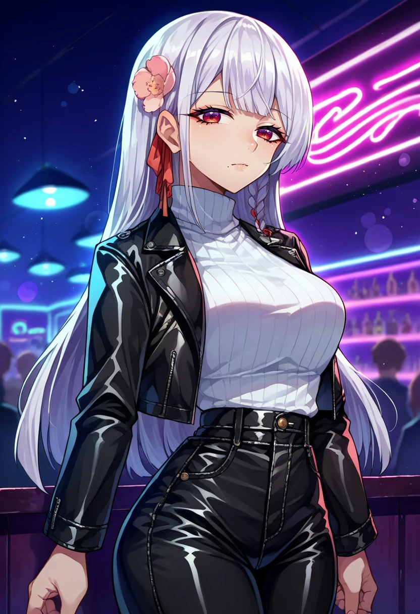 score_9, score_8_up, source_anime, 1girl, solo, FunadaUi, mole under mouth, white hair, long hair, blunt bangs, side braid, red hair ribbon, hair flower, cowboy shot, nightclub, neon lights, bokeh, depth of field, makeup, leather jacket, turtleneck, high waist pants, <lora:ChamFunadaUiPonyXL:1>