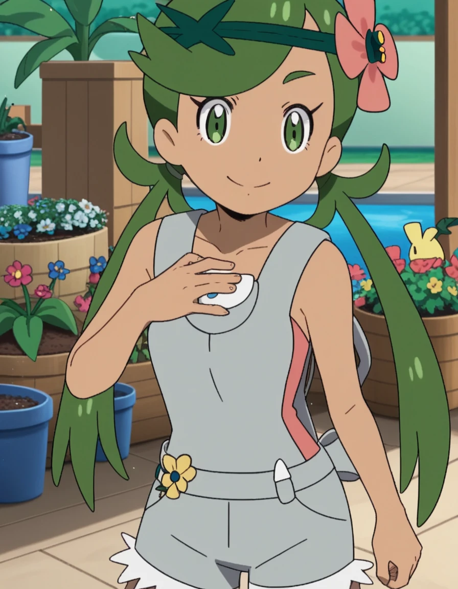 score_9, score_8_up, score_7_up, source_anime, <lora:pokemon-mallow-anime-ponyxl-lora-nochekaiser:1>, mallow, long hair, bangs, hair ornament, twintails, green eyes, flower, green hair, hair flower, dark skin, dark-skinned female, swept bangs, mallow (pokemon), collarbone, sleeveless, pink shirt, overalls,, gardening, watering plants, backyard, flowers blooming, sunny day,, smile, , arm across chest, knee forward, hand clenched, solo,, cowboy shot, dutch angle