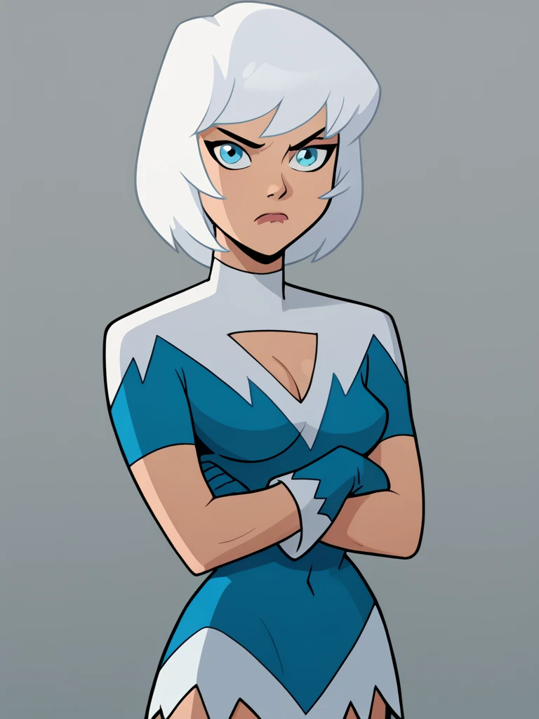 score_9, score_8_up, score_7_up, score_6_up, score_5_up,
tora olafsdotter, white hair, short hair, blue eyes, dress, clothing cutout, cleavage cutout, blue gloves
, 1girl, solo, looking at viewer, simple background, small closed-mouth frown, (from head to thigh):1.5, arms crossed under chest
<lora:Nearphotison_-_Pony:1> nearphotison <lora:Ice:0.75>