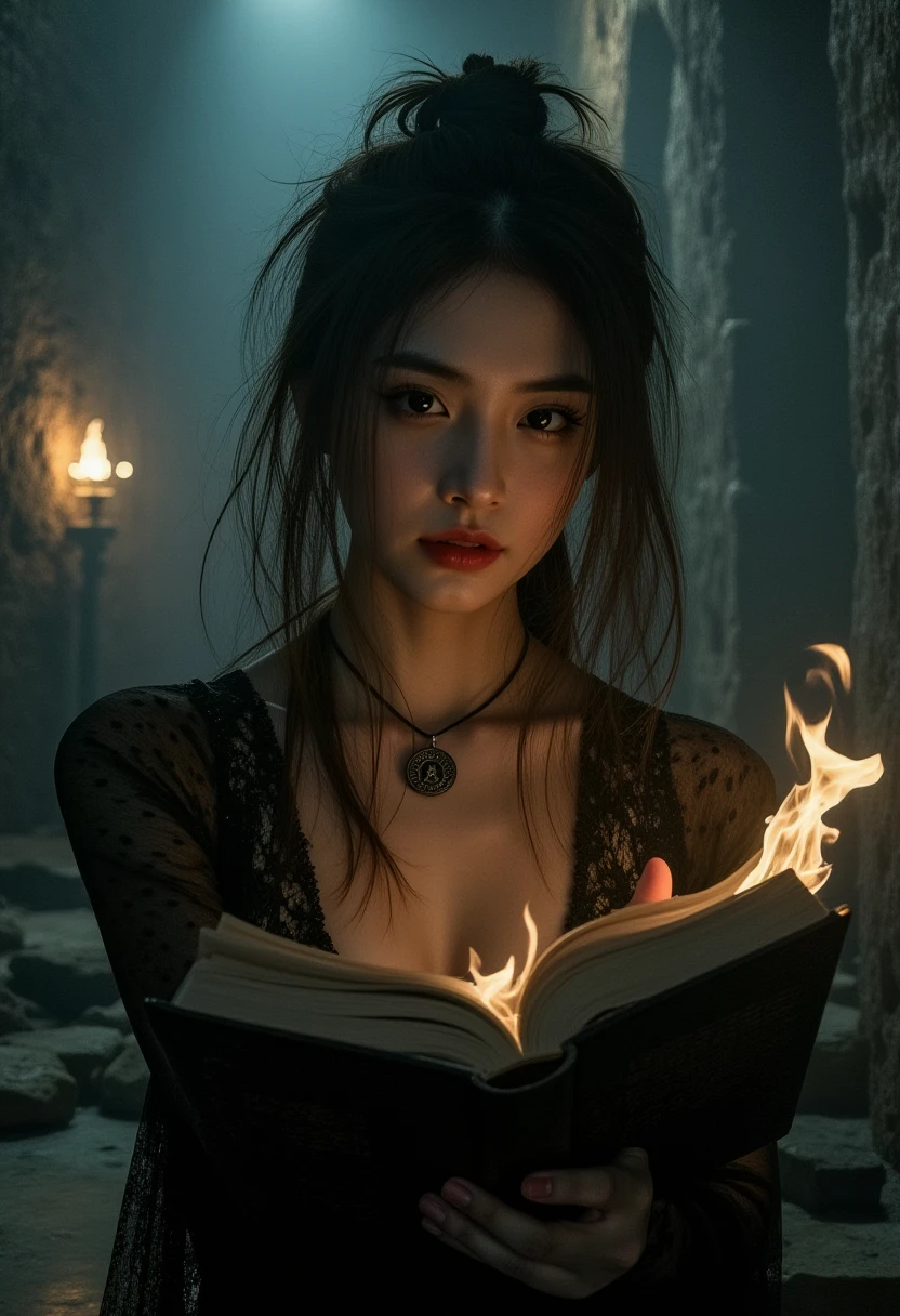 sexy, Dark Moody Atmosphere, Avant-garde, painting, sexy, erotic, best quality, masterpiece (Luis Royo style drawing), detailed face, face in sharp focus and intricate detail, extremely detailed, great lighting, BREAK, quality, intricate details, Mystical light, Fog., sexy, beautiful chinese necromancer girl, evil and mystical, see-through lace blouse, no bra, cleavage, holding spellbook emitting wisps of magic in one hand, hkmagic, explosive fire magic, sultry, mesmerising expression, black magic fantasy crypt, pentagram drawn on the floor with magic runes, magical glow, dark and moody, upper body shot, shafts of light, High Definition HD, High Detail, Perfect Composition, 