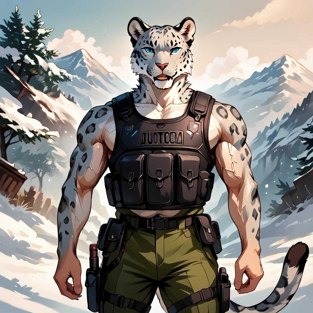 source_anime,zPDXL, fcNeg,saturated colors,best quality, very aesthetic,
anthro, snow leopard, solo, male, adult, veiny muscles, muscular, bulletproof vest, military pants, realistic scales, detailed background, wilderness background, realistic, photorealistic, ultra realistic, 8k,
<lora:Expressive_H:1>,
<lora:Mayonnaise_StrawberryMilk:0.5>