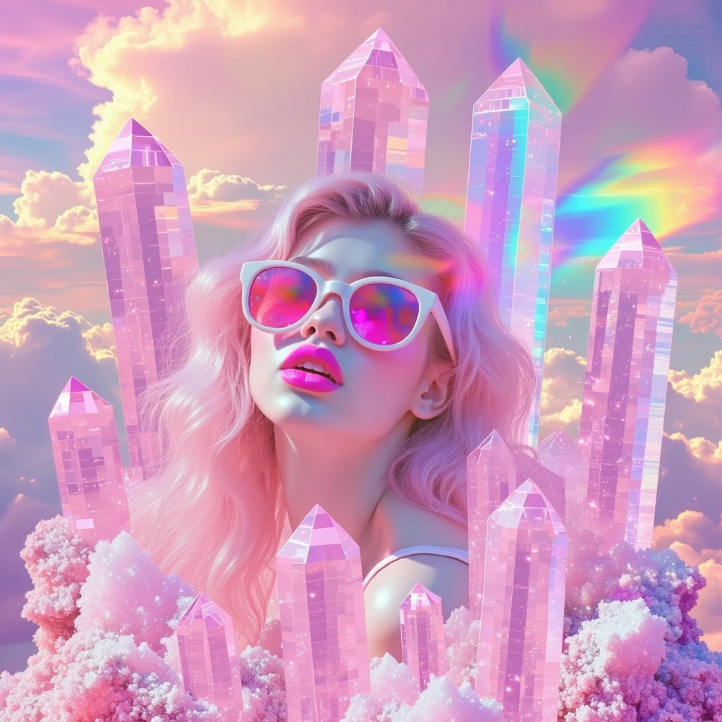 xdlx style, symmetrical, a woman's face wearing sunglasses and pink lipstick in a surreal landscape of massive crystal formations, aesthetic digital photo, stunning incredible sunrise, beautiful cloudy sky, vaporwave aesthetic, lens flare, chromatic aberration, glitched, data corruption, data mosh, cgi render