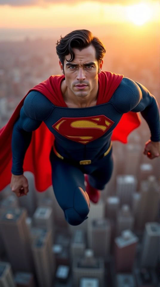 Visualize Superman soaring through the sky, embodying strength and heroism. He is clad in his iconic suit: a deep blue body suit with a bold red cape flowing majestically behind him. The famous 'S' emblem, bright red and yellow, is prominently displayed on his chest, symbolizing hope. His physique is powerful and muscular, with defined features that exude confidence and determination. His face is strong and noble, with piercing blue eyes that radiate kindness and resolve. His dark hair, slightly tousled, adds to his timeless appearance. The background shows a sprawling cityscape beneath him, with skyscrapers reaching towards the sky, and the sun setting on the horizon, casting a golden glow that reflects off his figure. Superman is mid-flight, one arm extended forward as he speeds through the sky, ready to protect the world.